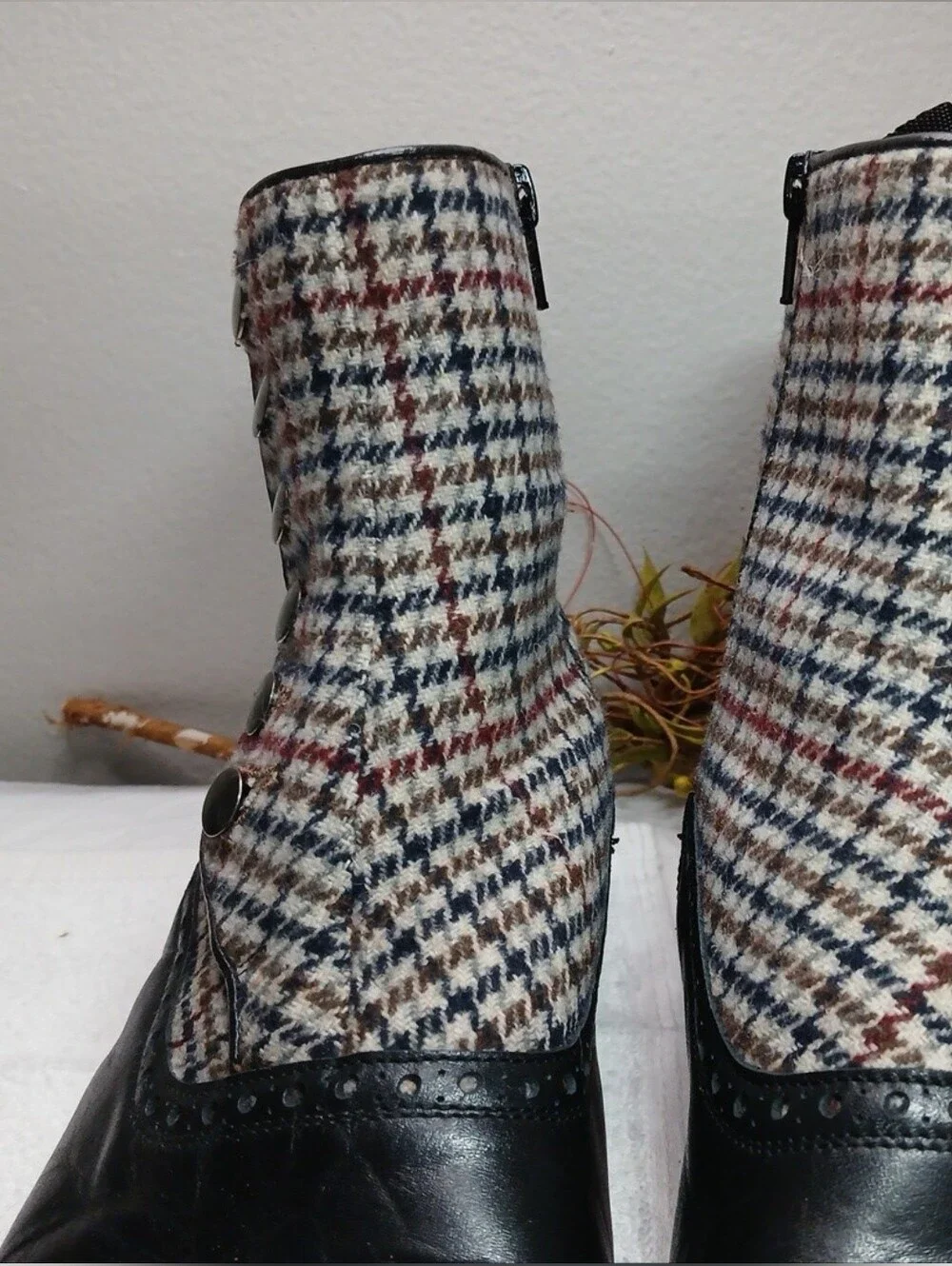 Taft Black Leather & Houndstooth Ankle Boots